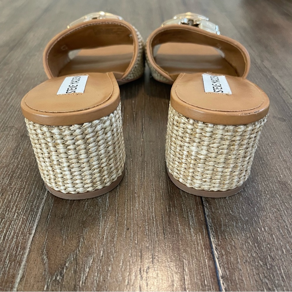 Steve Madden Tan & Natural Woven Block Heel Sandals with Gold Chain - Picture 7 of 9